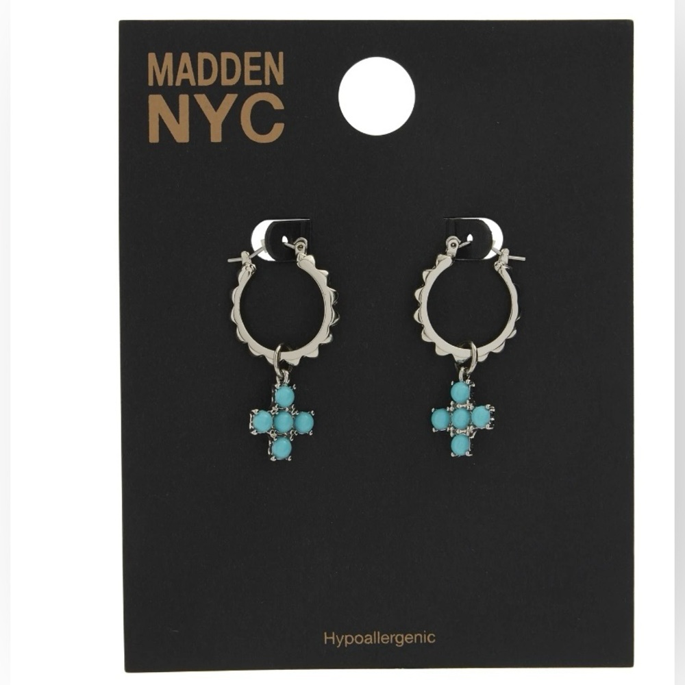 Madden NYC Turquoise Cross Charm Hoop Earrings Silver Tone Western Boho NWT - Picture 2 of 9